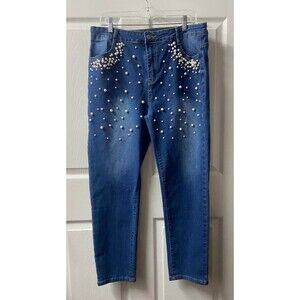Unbranded Tapered Leg Jeans Pearls Womens Plus 2x Medium Blue Festival High Rise